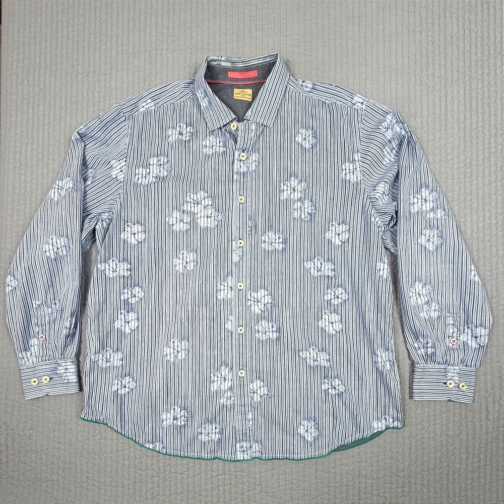 Tommy Bahama Jeans Mens XL Blue White Striped Floral Cotton Long Sleeve Shirt